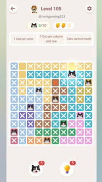 Meowdoku Level 105 step 9 screenshot showing the cat placement at H2 with 9 of 10 cats visible on the board.