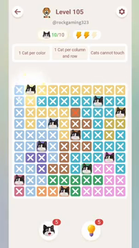 Meowdoku Level 105 step 10 screenshot showing the cat placement at B1 with 10 of 10 cats visible on the board.