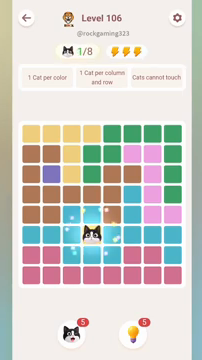 Meowdoku Level 106 step 1 screenshot showing the cat placement at D6 with 1 of 8 cats visible on the board.