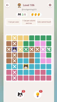 Meowdoku Level 106 step 2 screenshot showing the cat placement at B3 with 2 of 8 cats visible on the board.