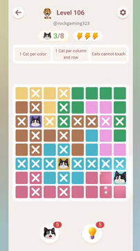 Meowdoku Level 106 step 3 screenshot showing the cat placement at H7 with 3 of 8 cats visible on the board.