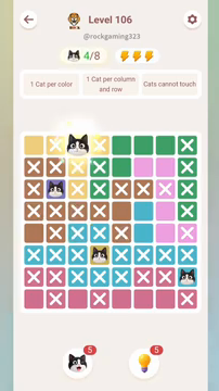Meowdoku Level 106 step 4 screenshot showing the cat placement at C1 with 4 of 8 cats visible on the board.