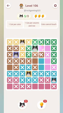 Meowdoku Level 106 step 5 screenshot showing the cat placement at E2 with 5 of 8 cats visible on the board.