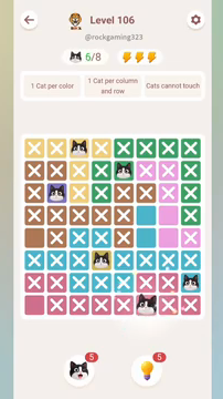 Meowdoku Level 106 step 6 screenshot showing the cat placement at F8 with 6 of 8 cats visible on the board.