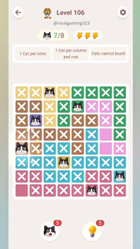 Meowdoku Level 106 step 7 screenshot showing the cat placement at A5 with 7 of 8 cats visible on the board.