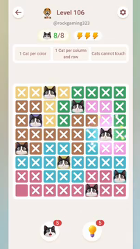 Meowdoku Level 106 step 8 screenshot showing the cat placement at G4 with 8 of 8 cats visible on the board.