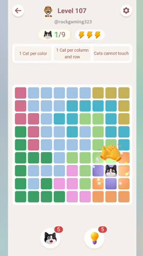 Meowdoku Level 107 step 1 screenshot showing the cat placement at H7 with 1 of 9 cats visible on the board.
