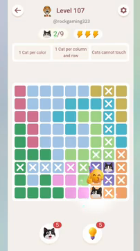 Meowdoku Level 107 step 2 screenshot showing the cat placement at G9 with 2 of 9 cats visible on the board.