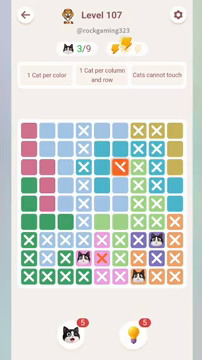 Meowdoku Level 107 step 3 screenshot showing the cat placement at D8 with 3 of 9 cats visible on the board.