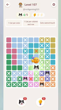 Meowdoku Level 107 step 4 screenshot showing the cat placement at F6 with 4 of 9 cats visible on the board.