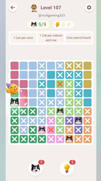 Meowdoku Level 107 step 5 screenshot showing the cat placement at A5 with 5 of 9 cats visible on the board.