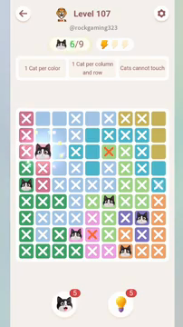 Meowdoku Level 107 step 6 screenshot showing the cat placement at B3 with 6 of 9 cats visible on the board.