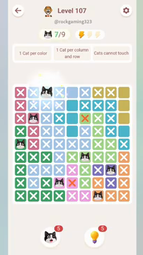 Meowdoku Level 107 step 7 screenshot showing the cat placement at C1 with 7 of 9 cats visible on the board.