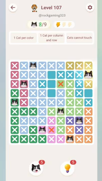 Meowdoku Level 107 step 8 screenshot showing the cat placement at I2 with 8 of 9 cats visible on the board.