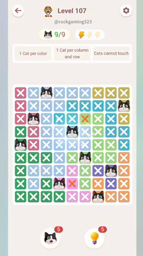 Meowdoku Level 107 step 9 screenshot showing the cat placement at E4 with 9 of 9 cats visible on the board.