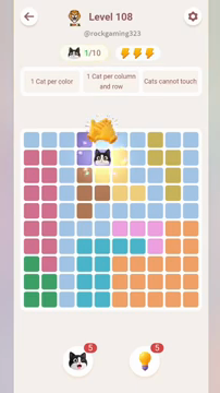 Meowdoku Level 108 step 1 screenshot showing the cat placement at E2 with 1 of 10 cats visible on the board.