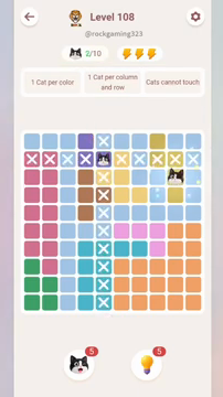 Meowdoku Level 108 step 2 screenshot showing the cat placement at I3 with 2 of 10 cats visible on the board.