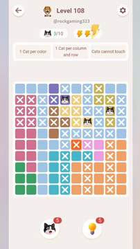 Meowdoku Level 108 step 3 screenshot showing the cat placement at G4 with 3 of 10 cats visible on the board.
