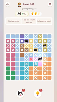 Meowdoku Level 108 step 4 screenshot showing the cat placement at H6 with 4 of 10 cats visible on the board.