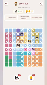 Meowdoku Level 108 step 5 screenshot showing the cat placement at D5 with 5 of 10 cats visible on the board.