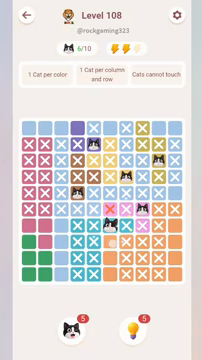 Meowdoku Level 108 step 6 screenshot showing the cat placement at F7 with 6 of 10 cats visible on the board.