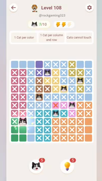 Meowdoku Level 108 step 7 screenshot showing the cat placement at B8 with 7 of 10 cats visible on the board.