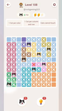 Meowdoku Level 108 step 8 screenshot showing the cat placement at A10 with 8 of 10 cats visible on the board.