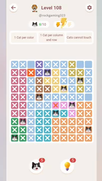 Meowdoku Level 108 step 9 screenshot showing the cat placement at J9 with 9 of 10 cats visible on the board.