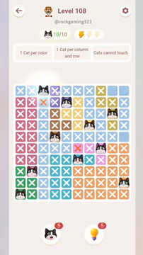 Meowdoku Level 108 step 10 screenshot showing the cat placement at C1 with 10 of 10 cats visible on the board.