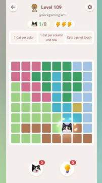 Meowdoku Level 109 step 1 screenshot showing the cat placement at F7 with 1 of 8 cats visible on the board.