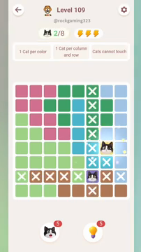 Meowdoku Level 109 step 2 screenshot showing the cat placement at G5 with 2 of 8 cats visible on the board.