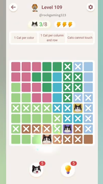 Meowdoku Level 109 step 3 screenshot showing the cat placement at D8 with 3 of 8 cats visible on the board.