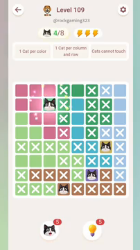 Meowdoku Level 109 step 4 screenshot showing the cat placement at C2 with 4 of 8 cats visible on the board.