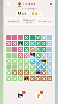 Meowdoku Level 109 step 5 screenshot showing the cat placement at E4 with 5 of 8 cats visible on the board.