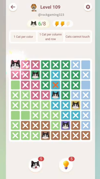 Meowdoku Level 109 step 6 screenshot showing the cat placement at A1 with 6 of 8 cats visible on the board.