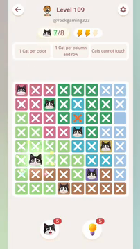 Meowdoku Level 109 step 7 screenshot showing the cat placement at B6 with 7 of 8 cats visible on the board.