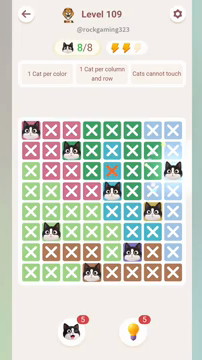 Meowdoku Level 109 step 8 screenshot showing the cat placement at H3 with 8 of 8 cats visible on the board.