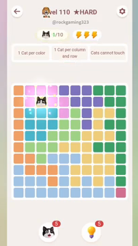 Meowdoku Level 110 step 1 screenshot showing the cat placement at C2 with 1 of 10 cats visible on the board.