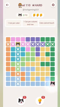 Meowdoku Level 110 step 2 screenshot showing the cat placement at J10 with 2 of 10 cats visible on the board.
