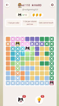 Meowdoku Level 110 step 3 screenshot showing the cat placement at E3 with 3 of 10 cats visible on the board.