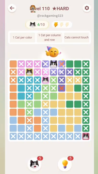Meowdoku Level 110 step 4 screenshot showing the cat placement at F1 with 4 of 10 cats visible on the board.