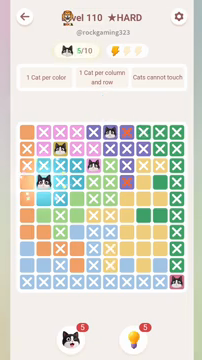 Meowdoku Level 110 step 5 screenshot showing the cat placement at B4 with 5 of 10 cats visible on the board.
