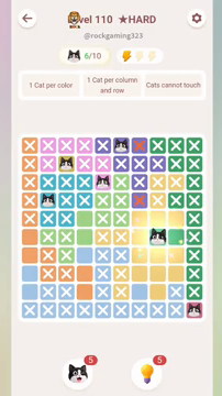 Meowdoku Level 110 step 6 screenshot showing the cat placement at H6 with 6 of 10 cats visible on the board.