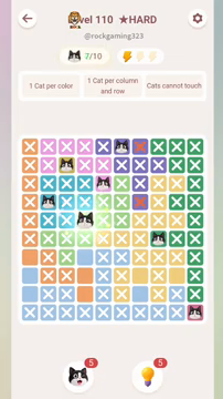 Meowdoku Level 110 step 7 screenshot showing the cat placement at D5 with 7 of 10 cats visible on the board.