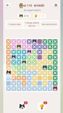 Meowdoku Level 110 step 8 screenshot showing the cat placement at A7 with 8 of 10 cats visible on the board.