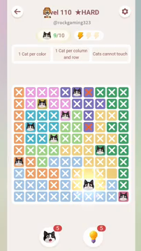 Meowdoku Level 110 step 9 screenshot showing the cat placement at G9 with 9 of 10 cats visible on the board.