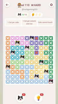 Meowdoku Level 110 step 10 screenshot showing the cat placement at I8 with 10 of 10 cats visible on the board.