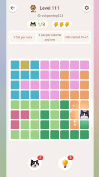 Meowdoku Level 111 step 1 screenshot showing the cat placement at H6 with 1 of 8 cats visible on the board.