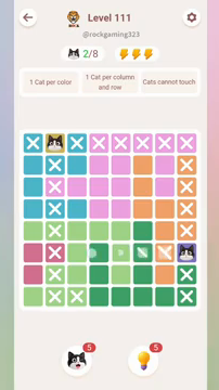 Meowdoku Level 111 step 2 screenshot showing the cat placement at B1 with 2 of 8 cats visible on the board.