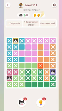 Meowdoku Level 111 step 3 screenshot showing the cat placement at A7 with 3 of 8 cats visible on the board.